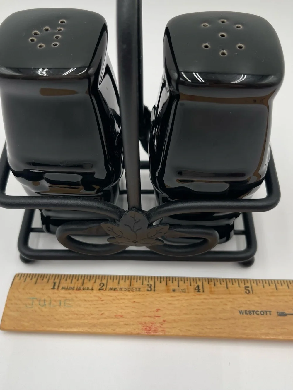 Longaberger Salt and Pepper Shakers Ebony with Wrought Iron Caddy